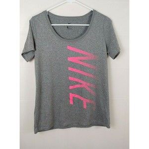 Nike Womens Athletic Top Medium Gray Pink Spell Out Dri Fit Short Sleeve